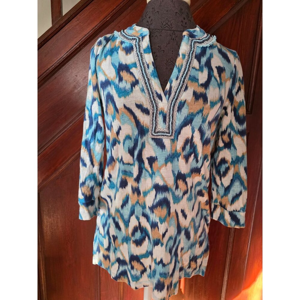 Chicos 3/4 Sleeve V-Neck Tunic Top OO/XS Blue Multicolor Ikat Pattern Beaded Tri